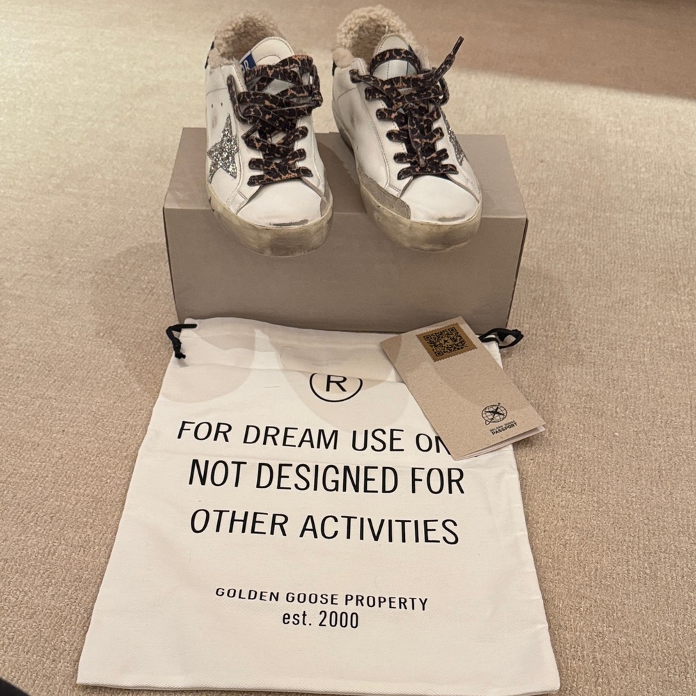 Golden Goose White Sneakers with Glitter and Leopard Print Shearling Lined